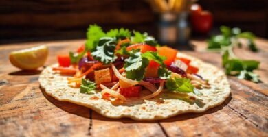 Una mesa rústica muestra tortilla vegana apetitosa