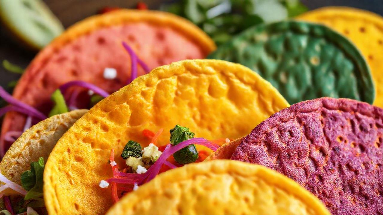 Tortillas coloridas, apetitosas, fotografía de estudio