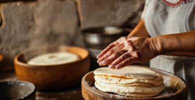Mujer prepara tortillas en cocina tradicional
