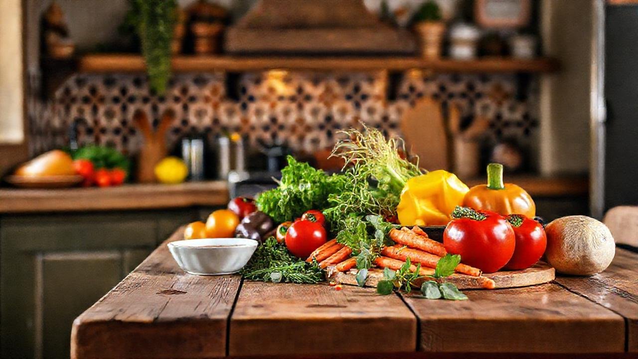 Cocina rústica, ingredientes apetitosos y luz cálida