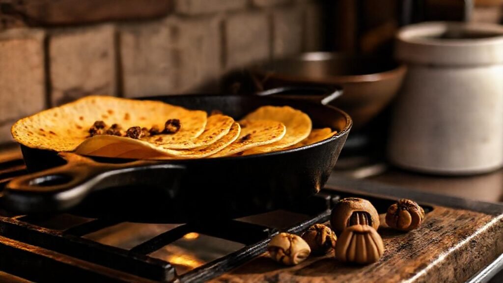 Tortillas doradas en cocina rústica