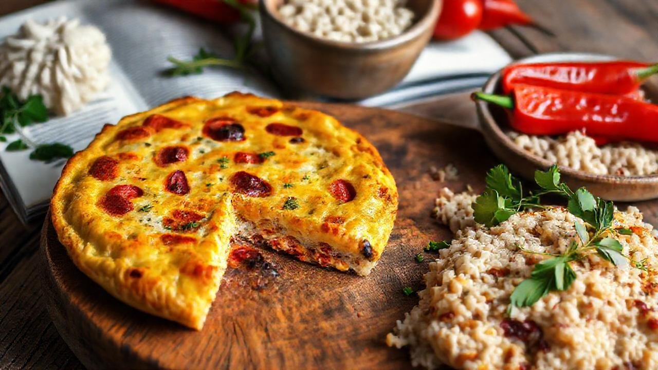 Tortilla española y arroz vegano apetitoso