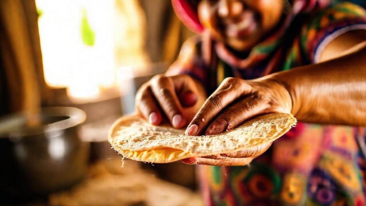 Tortilla tradicional, luz cálida, manos felices