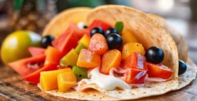 Frutas tropicales y crema apetecible