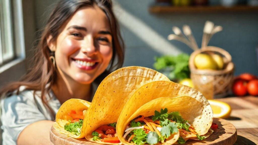 Una mujer sonríe a un desayuno vegano