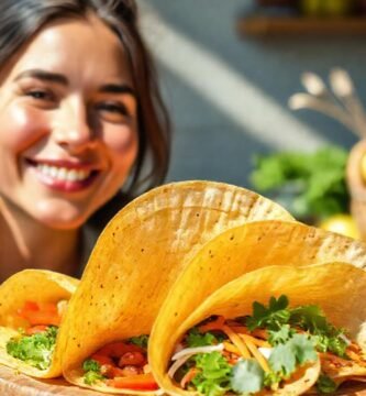 Una mujer sonríe a un desayuno vegano