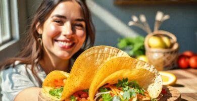 Una mujer sonríe a un desayuno vegano