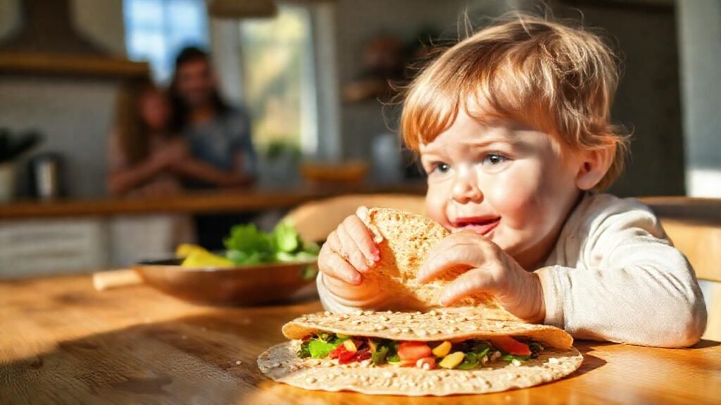 Una familia feliz disfruta tortillas saludables
