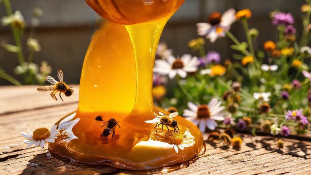 Miel dorada y abejas vibrantes en luz cálida