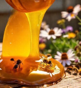 Miel dorada y abejas vibrantes en luz cálida