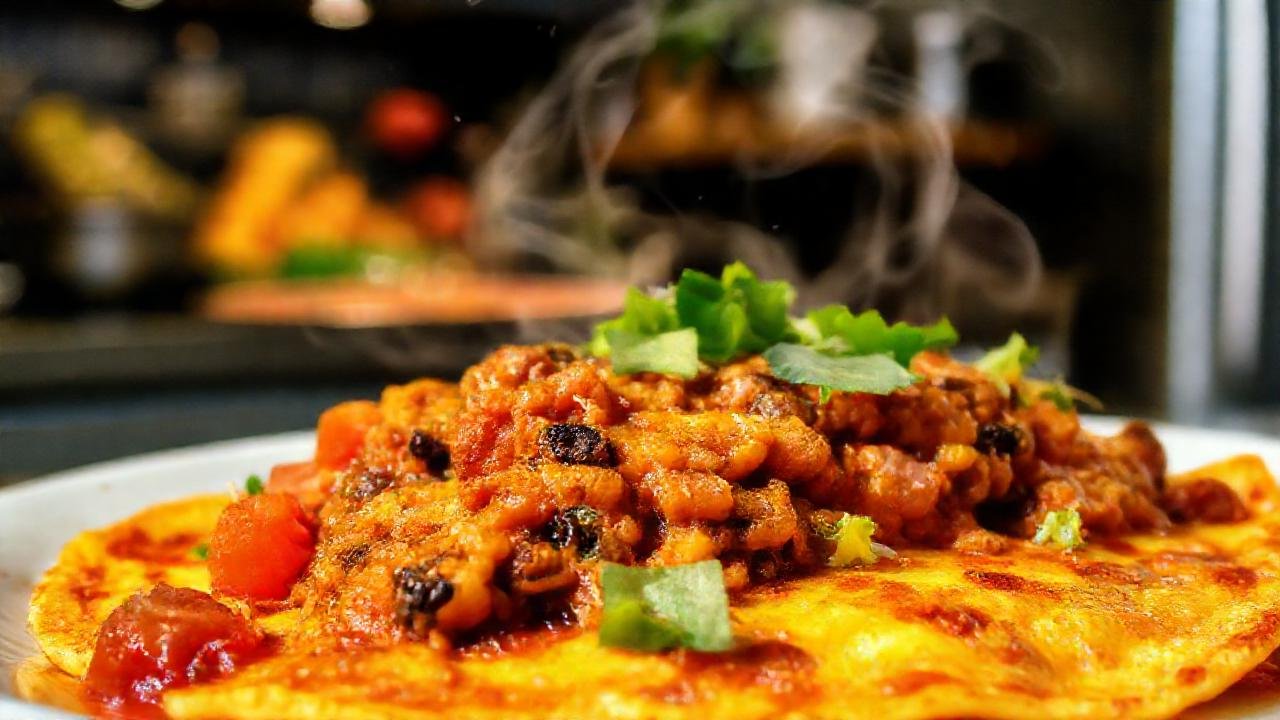 Una tortilla picante y brillante sirve