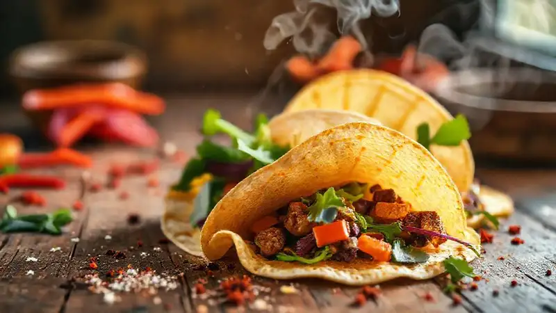 Tofú vegan en tortillas, apetitoso y cálido