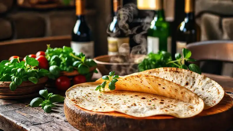 Comida italiana y vino en luz cálida
