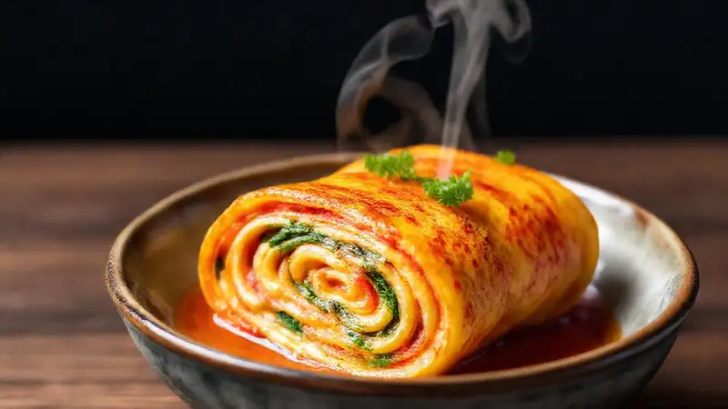 Un omelette japonés colorido se presenta elegantemente