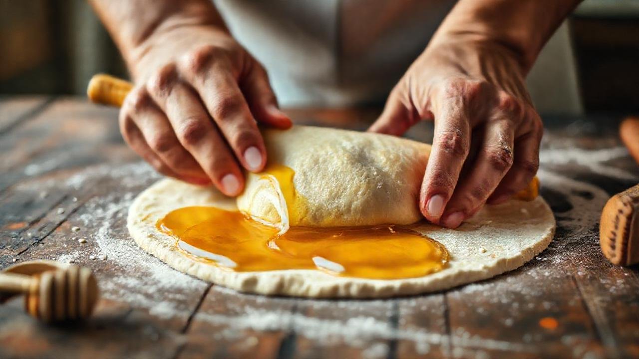 Manos preparan pan con miel dorada
