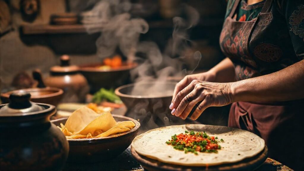 Mujer cocina tortillas tradicionales con detalle