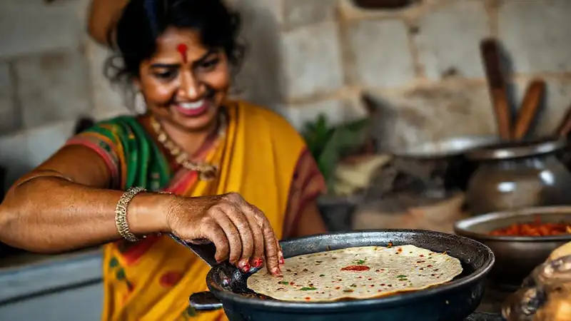 Mujer india cocina tortilla de especias