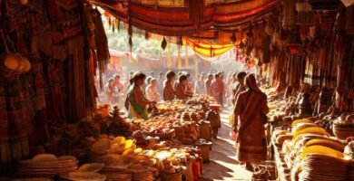 Mercado mesoamericano vibrante y ancestral