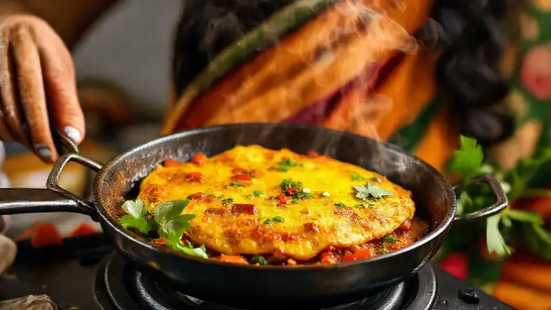 Mujer india cocina un omelette especiado