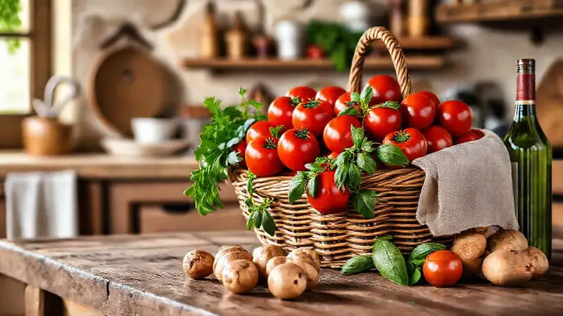 Cocina italiana rústica: frutas, verduras y vino