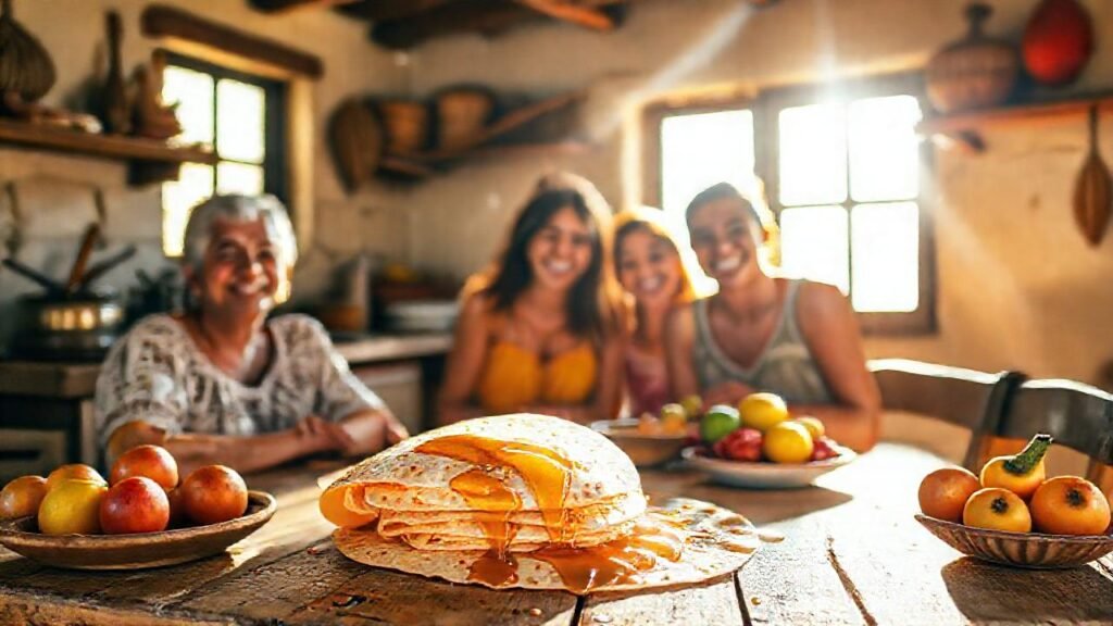 Familia feliz disfruta tortillas doradas