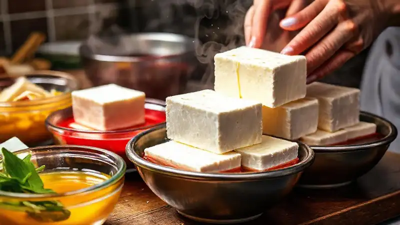 Preparando tofu creativo con manos expertas