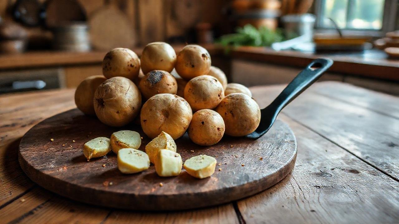 Cocina rústica: patatas frescas, luz cálida