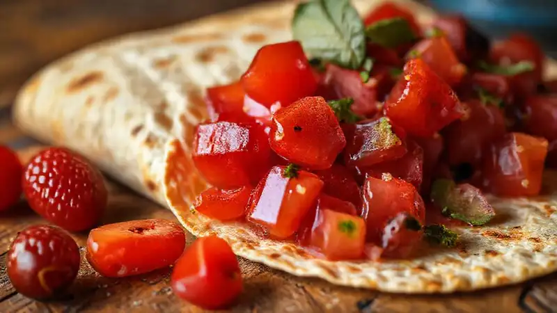 Frutas rojas apetitosas en mesa rústica