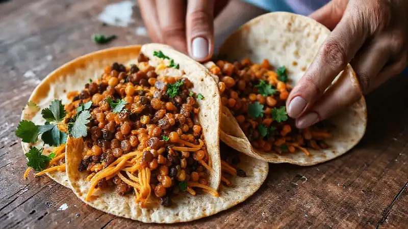 Tortillas cálidas y lentillas, comida vegana apetitosa